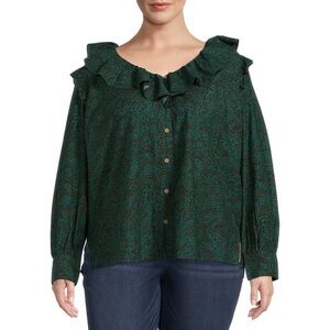 🦋 Terra and Sky Emerald Green Ruffle Button Down Blouse 1X